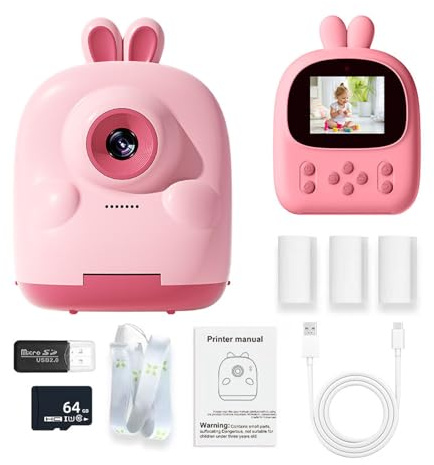 Appareil photo numérique instantané pour enfants avec batterie rechargeable et carte mémoire 64 G écran 6,1 cm Cadeau d'anniversaire pour fille Imprimante photo pour enfants