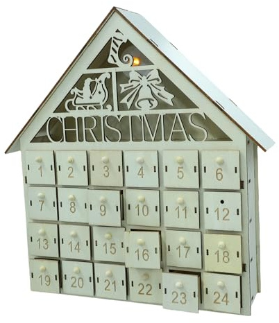 TOYANDONA Calendario Avvento in Legno Casa con LED Riempibili per Dolcetti Decorazione Natalizia Te per Famiglia Villaggio di Natale Luminoso e Sicuro