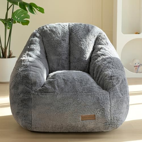 MAXYOYO Kids Bean Bag Chair, Comfy Bean Bag Sofa with Back Support, Faux Fur Cute Chair for Boys and Girls, Stuffed Floor Sofa for Nursery, Bedroom, Grey