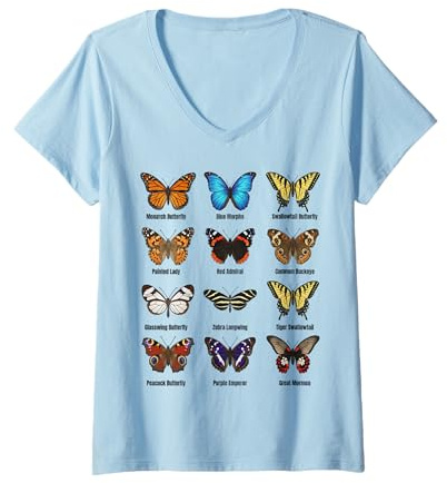 Femme Types de Papillons, Tableau des espèces de Papillons T-Shirt avec Col en V