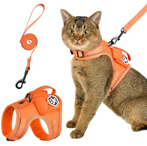 OneTigris Kattsele med koppel, CATRIX kattkoppel med sele som går sönder med reflektorremsor, kontrollhandtag och GPS-väska, lätt husdjurssele för katter (orange, XXS)
