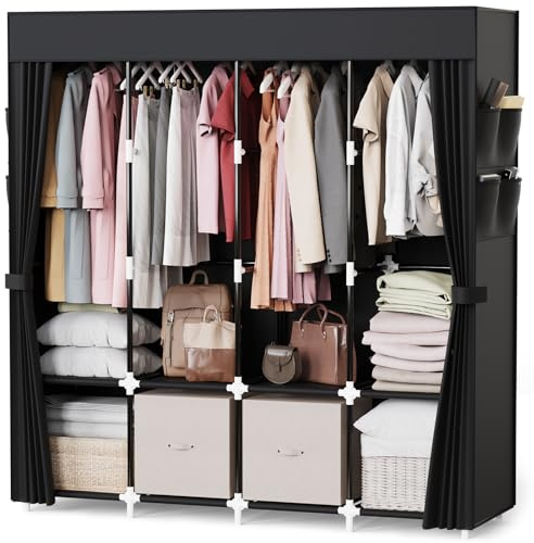 Mavivegue Kleiderschrank Stoff, 170 * 42 * 170 cm mit 4 Kleiderstange | Stoffschrank Stabil & 8 Fächern, Faltbarer Kleiderschrank für Schlafzimmer und Wohnzimmer, Schwarz