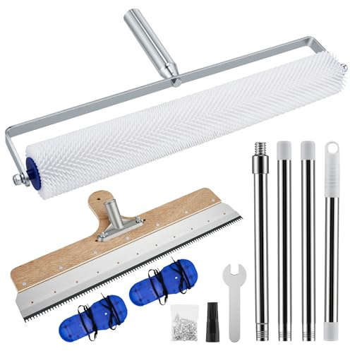 Juego de herramientas de revestimiento de suelo de resina epoxi con rodillo de púas de 47 cm, rodillo de ventilación, rasqueta de superficie de 56 cm y zapatos de uñas de 30 cm – Juego completo para