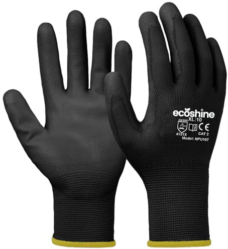 Ecoshine Supplies 12 Black Safety Work Gloves PU Coated Nylon Non-Slip Grip, Protective Handling Gloves with High Dexterity for Construction, Gardening & Warehouse Work (Small/7)