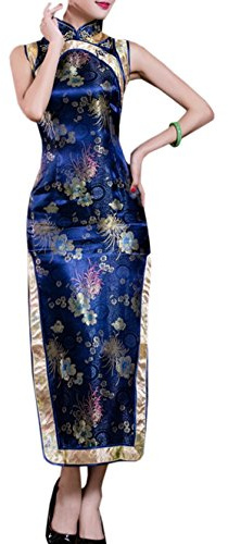 XueXian(TM) Femme Rétro Elégant Cheongsam Qipao Long sans Manche Robe de Soirée Mariage Chinois Traditionnel en Brocart