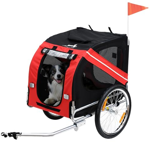 PawHut Remorque vélo pour Chien Animaux 8 réflecteurs Drapeau Barre attelage Inclus Acier Polyester imperméable Max. 30 Kg 130L x 73l x 90H cm Rouge
