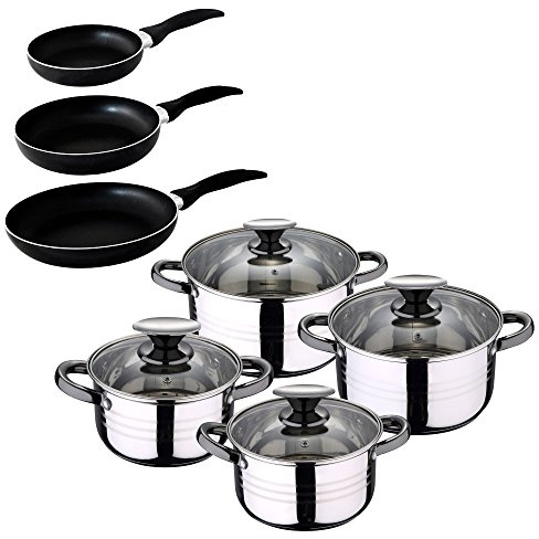 San Ignacio - Batería de Cocina 4 cacerolas 4 Tapas de Vidrio y 3 sartenes 16/20/24, Acero Inoxidable, inducción