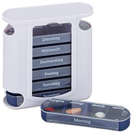 Relaxdays Pillendose 7 Tage, wöchentliche Tablettenbox, 4 Fächer, morgens, mittags, abends, nachts, Pillenbox, weiß/blau