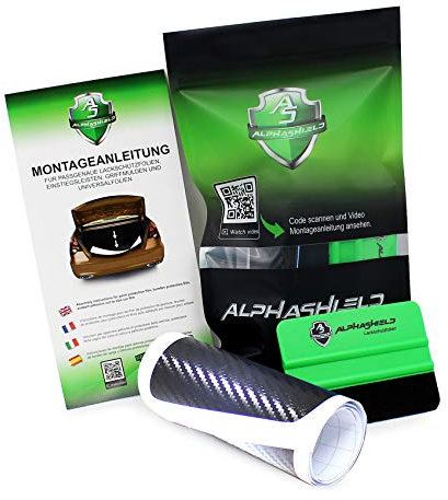 AlphaShield Lámina Protectora de Pintura para umbral de Coche, Incluye raspador y Fieltro, Ajuste, Resistente a Intemperie, contra arañazos E049 (140µm Carbono Negro)