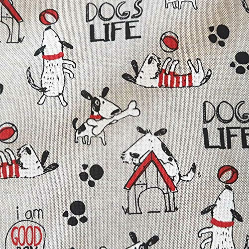 Stoff Meterware Baumwolle natur Hunde schwarz weiß rot pflegeleicht Dekostoff Vorhangstoff Leinenoptik Meterpreis