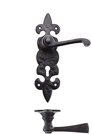 Fleur De LYS Door Handle Lever On Backplate Long Antique Black Pack Set Lock