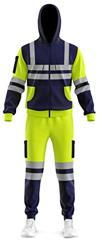 trending babz Mens Hi Vis Viz Zip Up Hooded High Visibility Tracksuit Zip Sweatshirt & Jogging Bottoms Joggers Reflective Tape Safety Work Full Set