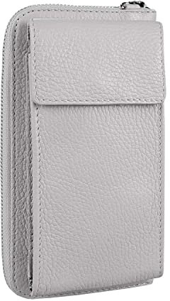 OBC Made in Italy Damen Leder Handytasche Umhängetasche Geldbörse Schultertasche Brieftasche Smartphone Geldtasche Ledertasche Abendtasche Handy bis 6,5 Zoll Hellgrau, ca.: 11,5x19x5 cm (BxHxT)