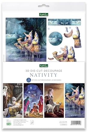 Katy Sue Nativity Die Cut Decoupage Pack. 12 Pre-Cut Decoupage Paper Sheets for Christmas Card Making Supplies Featuring Images of The 3 Wise Men, Stable, Shepherds, Manger & The Baby Jesus