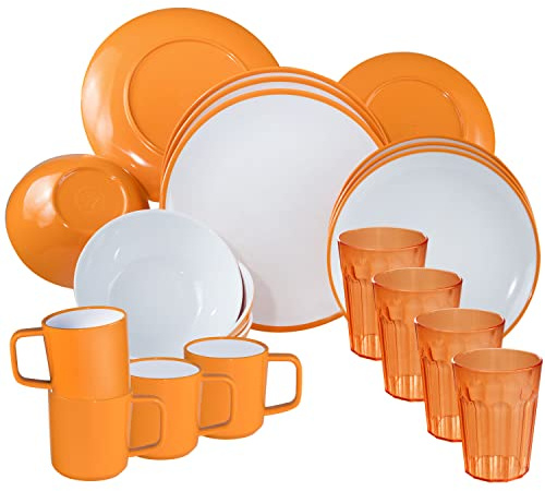 Camping Geschirr Set aus Melamin Glas 4 Personen 20 Teile gelb weiß 450ml