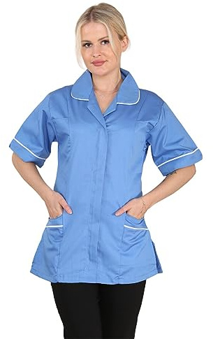 MyShoeStore Women's Healthcare Tunic Shirt with Front Zip and Pockets, Short Sleeves Medical Uniform for Nurse Doctor NHS Hospital Clinic, Hospital Blue, 12
