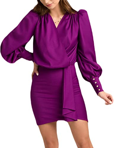 Swing Fashion Stefany | Violett | L Swing Moda Mujer Elegante Festivo Fiesta Verano Noche Coctel | Mini Vestido Escote sobre | Manga Larga | Corto | Violeta | 40