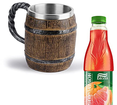Generisch Ölkrus | 450 ml gammaldags viking ölmugg – handgjord träkanna fat rostfritt stål ölmugg bra presentidé för att dricka kaffekoppar