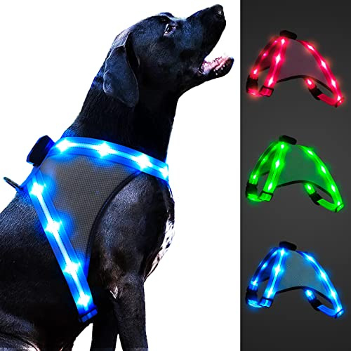 ChalkLit LED Dog Harness, Luminous Rechargeable Illuminated Reflective Dog Harness, Glows in the Dark, LED Dog Safety Vest Lights for Night Walks (Blue, L)