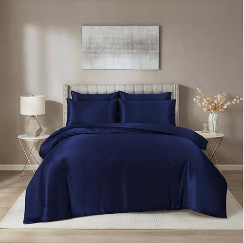 Hadi London Satin Silk 6 Piece Complete Bedding Set with Silky Deep Fitted Sheet Reversible Duvet Cover Comforter & 4 Pillowcases for Single Double King Super King Size Bed (Navy-Blue, King)
