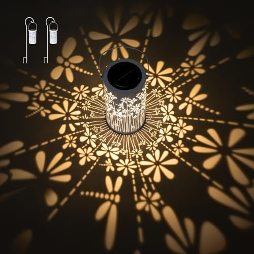 Freekite 2 Pack Solar Lanterns for Outdoor, Metal Outdoor Lanterns with Shepherd's Hooks, IP65 Waterproof Garden Decoration Path Lights, Solar Lights for Garden Outside Table Patio Balcony Courtyard