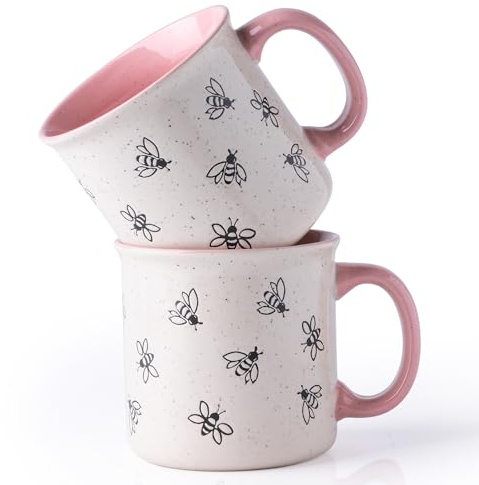 AmorArc 22 OZ Large Ceramic Coffee Mugs, Oversized Soup Cups With Big Handle for Men Women Dad Mom, Big Mug With Textured Bees Patterns for Office & Home -Microwave Safe, 2 Pcs