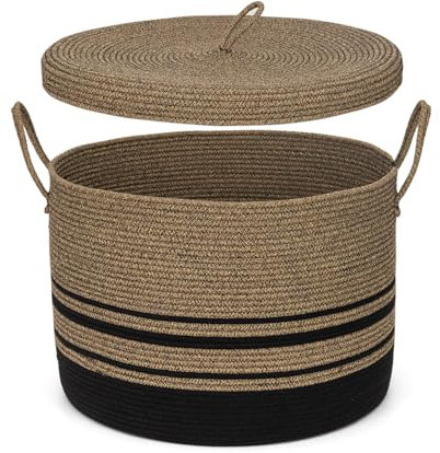ORGMASTER Large Laundry Basket with Lid, Cotton Rope Laundry Hamper Foldable Storage Organizer Bin Blanket Basket for Comforter, Cushions, Clothes, Pillows, 52 x 52 x 38 cm, Deep Brown/Black