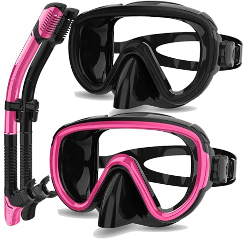 Bairuifu Snorkeling Gear for Adults 2-Pack | Anti-Fog & Anti-Leak Snorkeling Mask | Breath-Free Dry Snorkel | 180° Panoramic View with Quick-Dry Bags