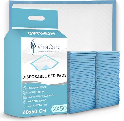 100 x Incontinence Bed Pads | 60 x 60 cm | Incontinence Bed Sheets | Disposable Mattress Protector | Self Adhesive Tabs | Absorbent Pads | (2 Packs of 50)