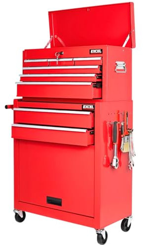 Excel Roller Tool Chest Cabinet 8 Drawers Storage Toolbox Red - Rolling Toolbox with Wheels, Handle, Pegboard, Hooks, Lockable Design - Heavy-Duty Steel Construction
