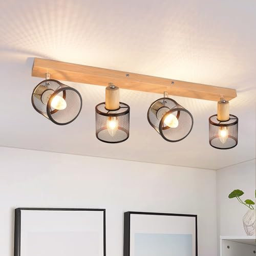 Deboola Deckenstrahler 4 Flammig Deckenleuchte Holz - Deckenlampe E14 Strahler Schwarz Wohnzimmerlampe Schwenkbar Küchenlampe Vintage Deckenspot LED Wohnzimmer Schlafzimmer Flur Ohne Leuchtmittel