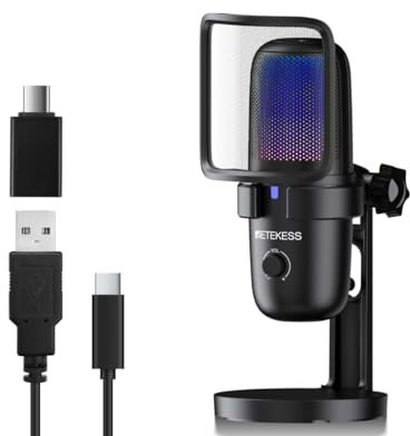 Retekess TG201 Gaming Microphone, Micros Condensateurs, 2 Capsules de 16 mm - Qualité de Son Claire, Deux Modes de Prise, Indicateur RGB - Fermable, Micro pc Gamer, Compatible avec Les PC, Mac