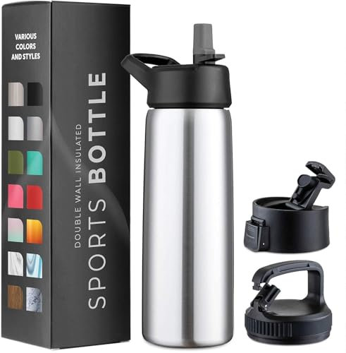 750ml Triple Walled, Insulated Water Bottles with Straw - Stainless Steel Metal Bottle W/ 3 Leak Proof Lids - For Travel, School, Sports, Gym/Men, Women (Brushed Stainless Steel)