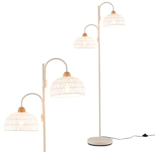 HOMASIS Stehlampe 155cm, Stehleuchte mit 2 Rattan Lampenschirmen, E27 Standleuchte mit stabilem Sockel & Fußschalter, 350° drehbar Standlampe Bodenlampe Leselampe für Wohnzimmer Schlafzimmer, Gold