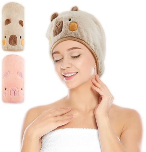 Tatuo 2 Asciugamano per Capelli in Microfibra Asciugatura Rapida da Doccia Asciugamano Turbante Carino Avvolgere la Testa per Donna Bagno Mare Piscina(Rosa, Marrone,Capibara)