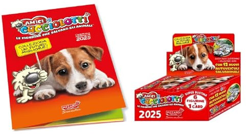 Album figurine Amici Cucciolotti 2025 con 3 bustine + 18 bustine - 6 figurine e una card per bustina + portachiave e penna colorata