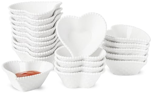 UIBFCWN 20 Stück Herzförmiges Keramik Dip Schüsseln, 30ml Saucenschalen | Weiß Dip Pinch Schüssel, Sojasauce Gerichte, Mini Schüsseln für Charcuterie Board, BBQ, Fingerfood Gewürzschalen