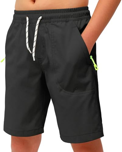 MEILONGER Pojkshorts barn ledig Sti klassisk passform med dragsele sommar strandshorts av trelle med dragkedjefickor, 25001 svart, 152