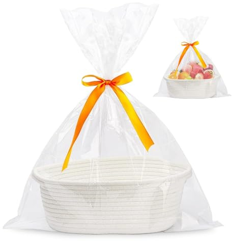 Cestino regalo vuoto, cesto regalo in cotone intrecciato cesto con sacchetti regalo e nastri per matrimonio, compleanno, baby shower (bianco)