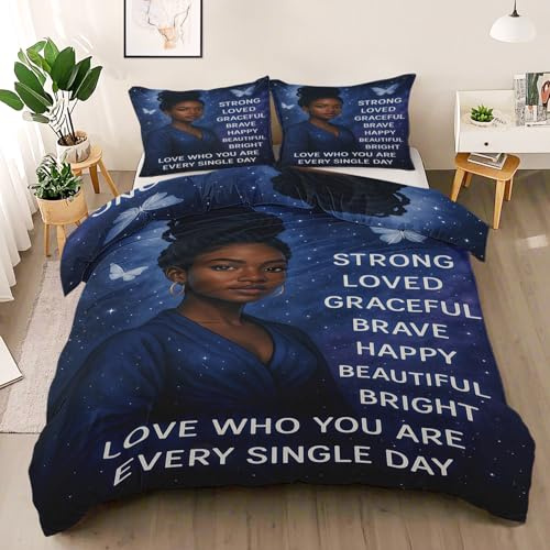 African American Black Girl Duvet Cover Set, Positive Quote Reversible Bedding Set, Starry Sky Polycotton 3 pcs Lightweight Premium Quilt Cover Set for All Seasons With Zipper (Women Girls, Single)