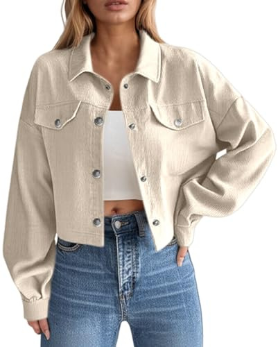 Duohropke Chaqueta de pana corta para mujer, chaqueta de camisa monocolor, sudadera con botones, chaqueta de tiempo libre, manga larga, abrigo con bolsillo y botones, ropa de calle recortada, chaqueta