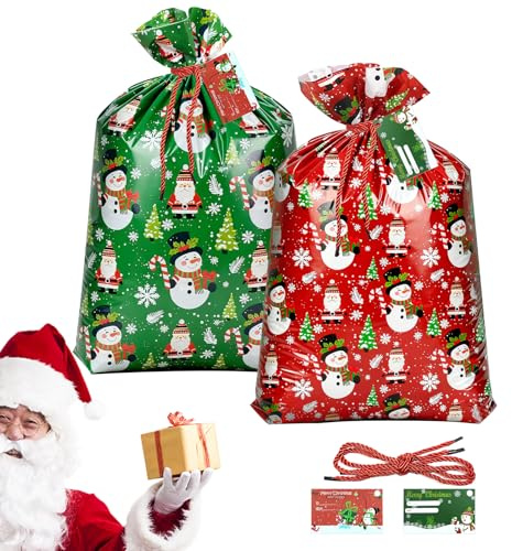 2 Stück Weihnachtstüten groß 91x142cm, XXL Weihnachtssack Mit Kordelzug, Wiederverwendbare Geschenkbeutel für Weihnachtsgeschenke, Kinder, Party, Festliche Dekoration