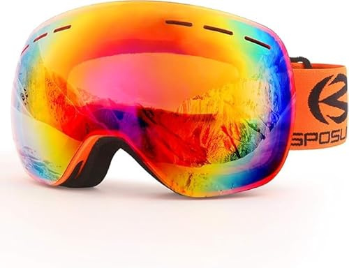 NewBEP Lunettes de ski et de planche à neige – Protection UV et anti-buée – Lunettes de ski OTG pour hommes, femmes et jeunes (monture orange, verres imitation rouge)