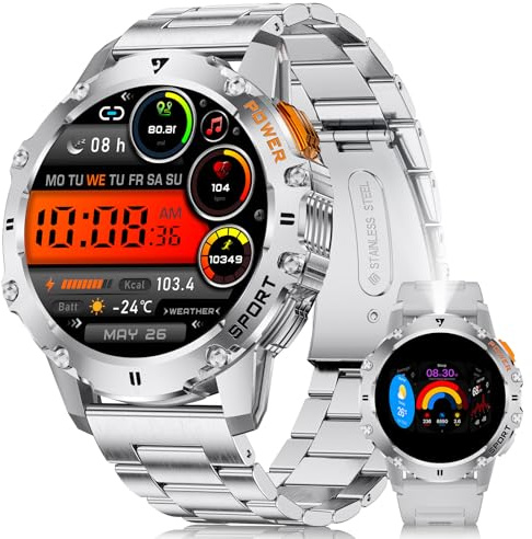 BENYAR SMART EF8 Smartwatch Uomo con Torcia, 1.43 AMOLED, Impermeabile IP68, 110 Modalità Sportive, Monitoraggio Battito Cardiaco e Sonno, Contapassi, Notifiche Chiamate, per Android iOS, Argento