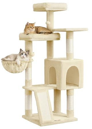 Feandrea Kratzbaum, 3 große Plattformen, Höhle und Korb, 136 cm hoch | Katzenbaum mit Kratzsäulen, Rampe, 2 Plüschbälle, beige, CLAWFY Kollektion PCT012LF01