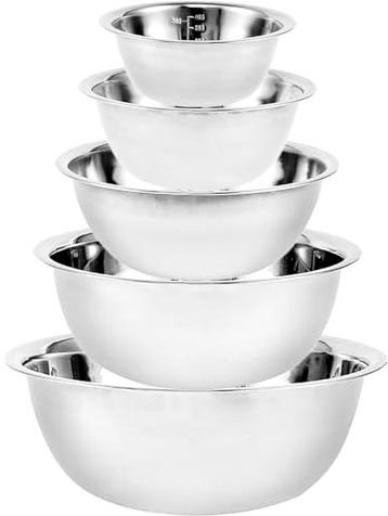 Keboyoe 5 Piezas Cuencos de Acero Inoxidable Bol Acero Inoxidable Cocina Ensaladera en 5 tamaños Cuenco de Metal Apilable, 0,6 L, 0,9 L, 1,6 L, 2 L/2,6 L para Hornear, Servir y Picar