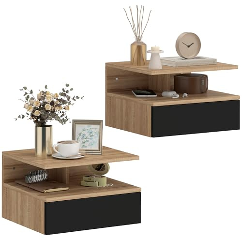 HOMCOM Set da 2 Comodini Sospesi per Camera da Letto, 2 Comodini per Camera da Letto Soggiorno, Salvaspazio Design, con Cassetto e Mensola Superiore in Legno, 35x32x22.5cm, Nero e Rovere