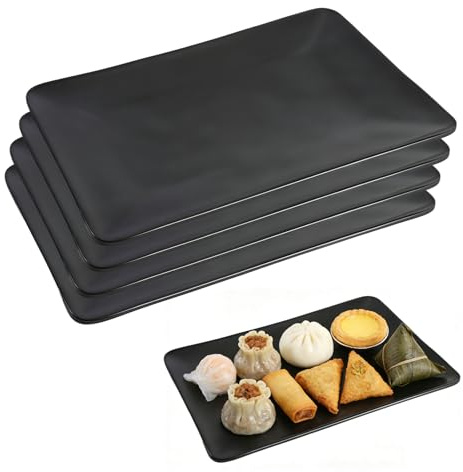 SERYUUT 4pcs Melamin Teller Kunststoff bruchsicher Teller Camping Geschirr Extra dicker robuster rechteckiger Teller schwarz BPA frei Spülmaschinengeeignet 30°C bis 120°C hitzebeständig