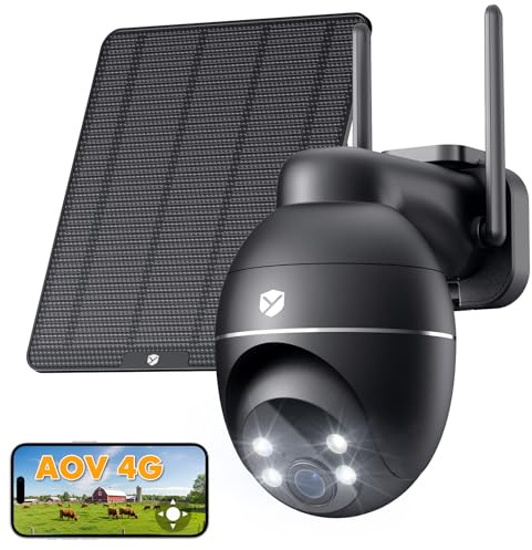 YESNAMO 4G AOV Telecamera Esterno con SIM, 2K Telecamere Senza Fili 360°PTZ Videocamera Sorveglianza con Pannello Solare a Batteria, Visione Notturna 30 Metri, 24/7 Registrazione, Audio Bidirezionale
