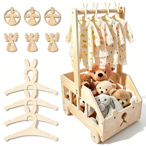 Babyparty present med handtag, 35 x 25 x 56 cm babyförvaringskorg med 4 barngalgar & 6 ängeldagar, presentkorg i trä, babykorg för nyfödda för gravida kvinnor, nya föräldrar för kläder, leksaker